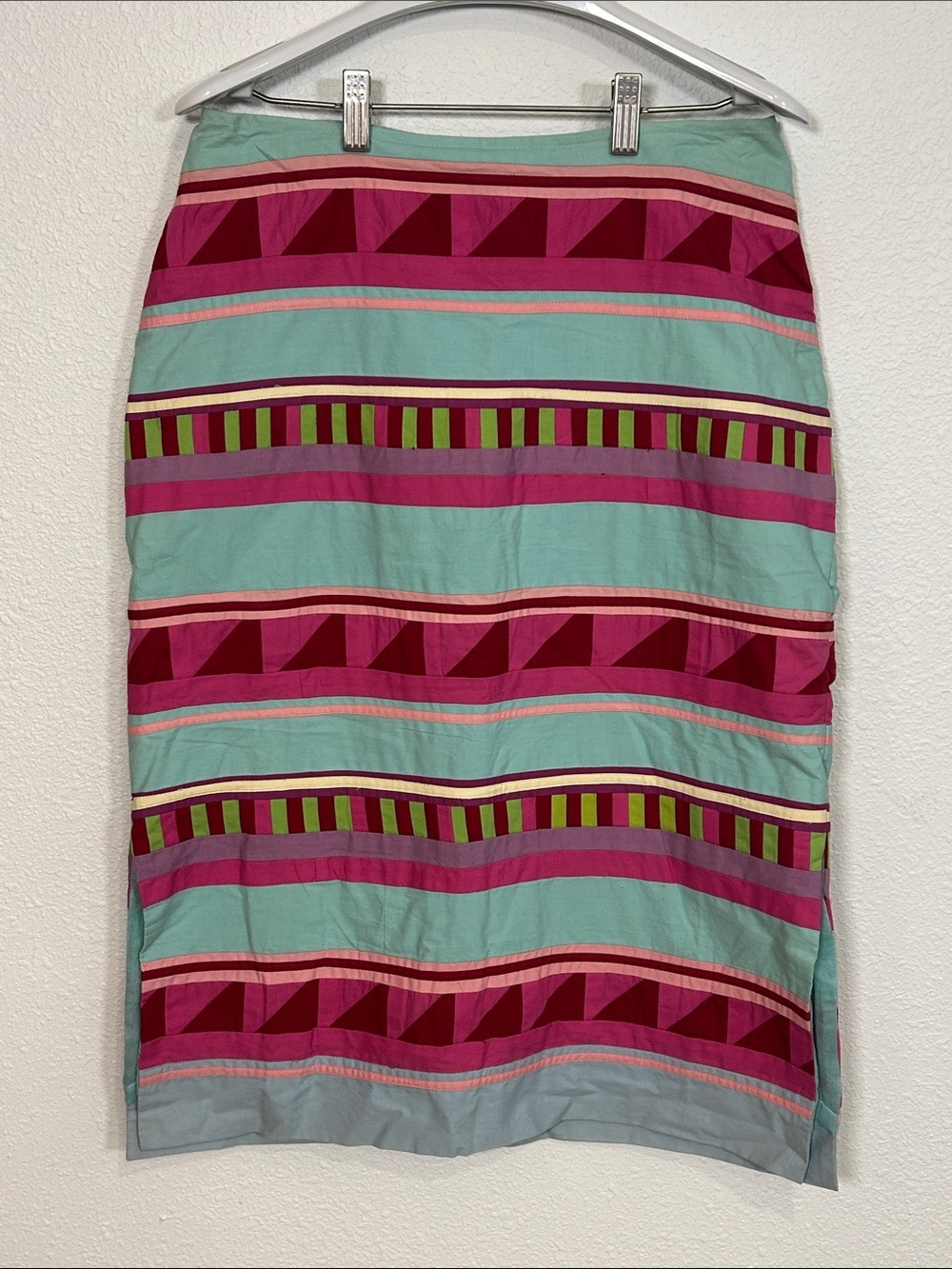 Vintage Betsey Johnson Y2K Boutique Patchwork Midi Pencil Skirt M Aqua Pink Lime